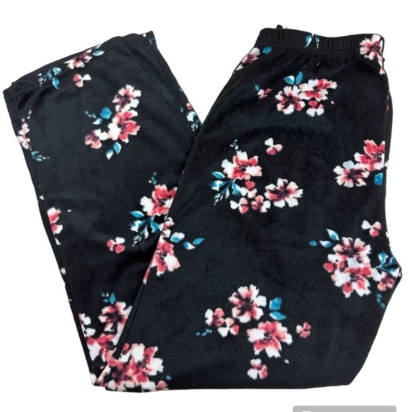 Tahari Soft Fleece Black Floral Straight Leg Pullon PJ Bottoms Medium - Picture 1 of 5